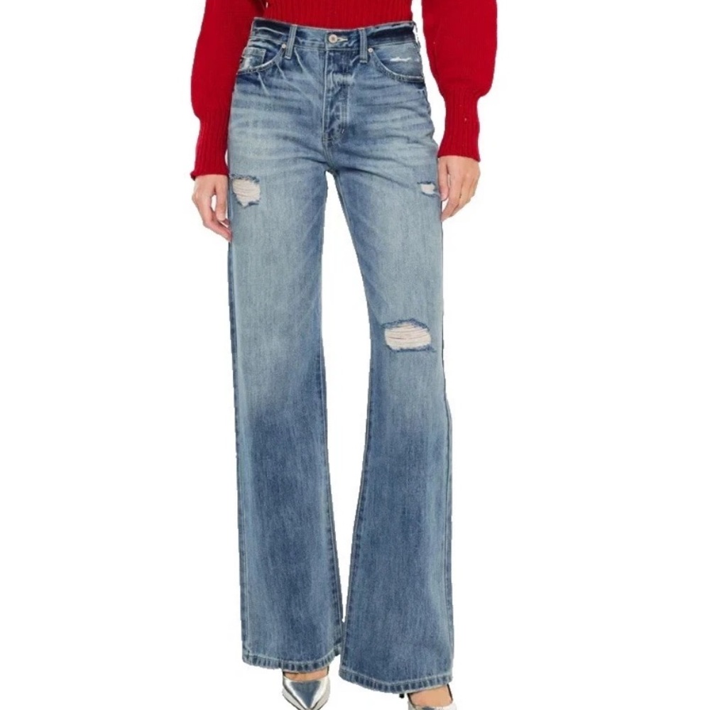 Y2K KanCan Montana Flare Jeans Size 11/29 Ultra High Rise Distressed Button Fly